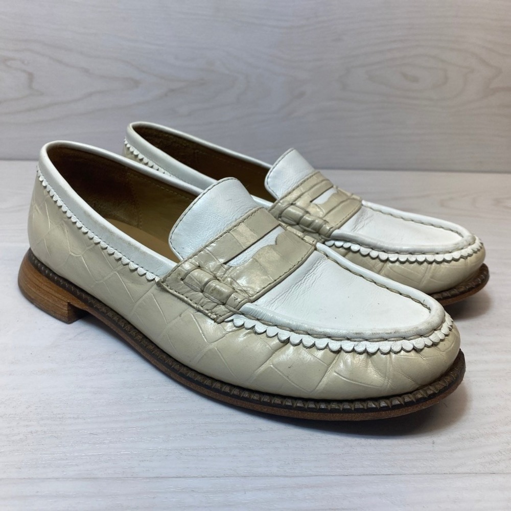 Freda Salvador Womens 9 Penny Loafers Croc Embossed Cream White Leather Flat